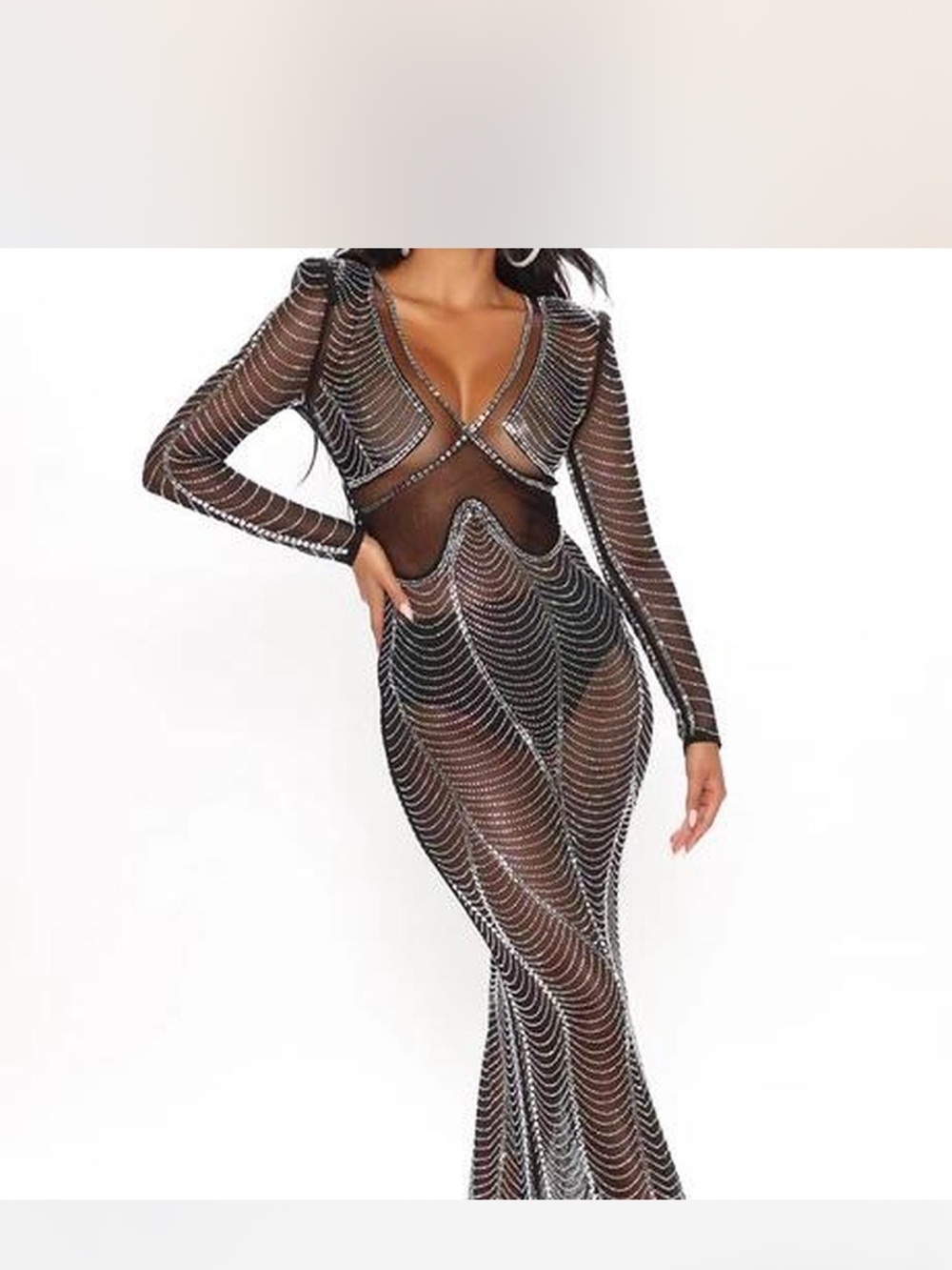Fashion Nova Black Sheer Crystal-Accented Maxi Dress